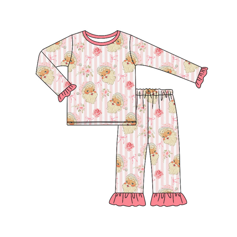 Preorder (moq 5)Baby Girls Long Ruffle Sleeves Pink Stripe Santa Flowers Top Pant Pajamas Set
