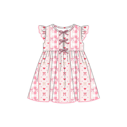 Preorder (moq 5)Baby Girls Flutter Sleeves Pink Bows Hearts Stripes Knee Length Dresses