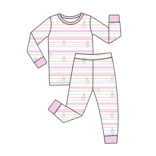 Preorder (moq 5) Baby Girl Clothes Easter Pastel Stripe Bunny Print Long Sleeve Pajama Set