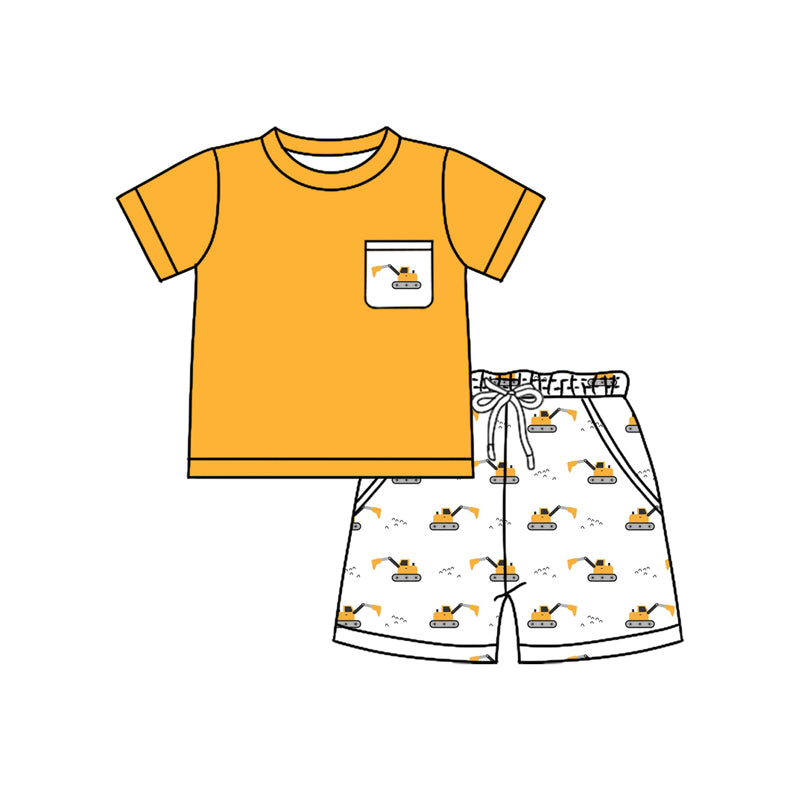 Preorder moq 5 Baby Boys Yellow Short Sleeves Pocket Top Excavators Short Set