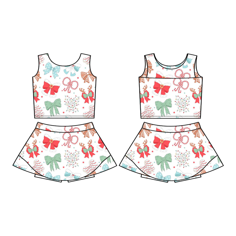 Preorder (moq 5)Baby Girls Sleeveless Candy Cane Bows Vest Top Skorts Set