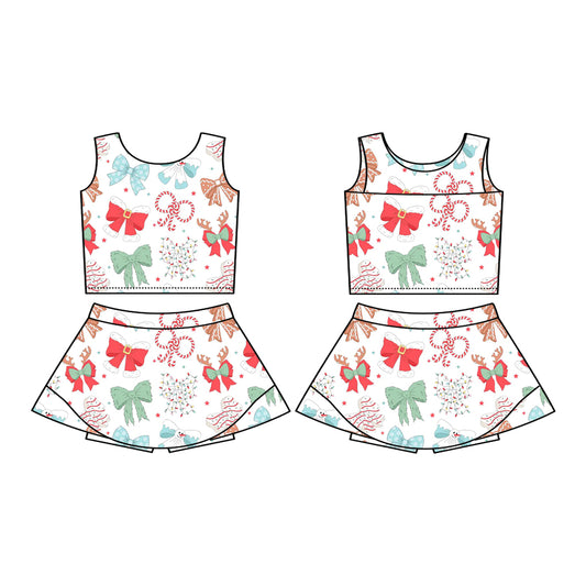 Preorder (moq 5)Baby Girls Sleeveless Candy Cane Bows Vest Top Skorts Set