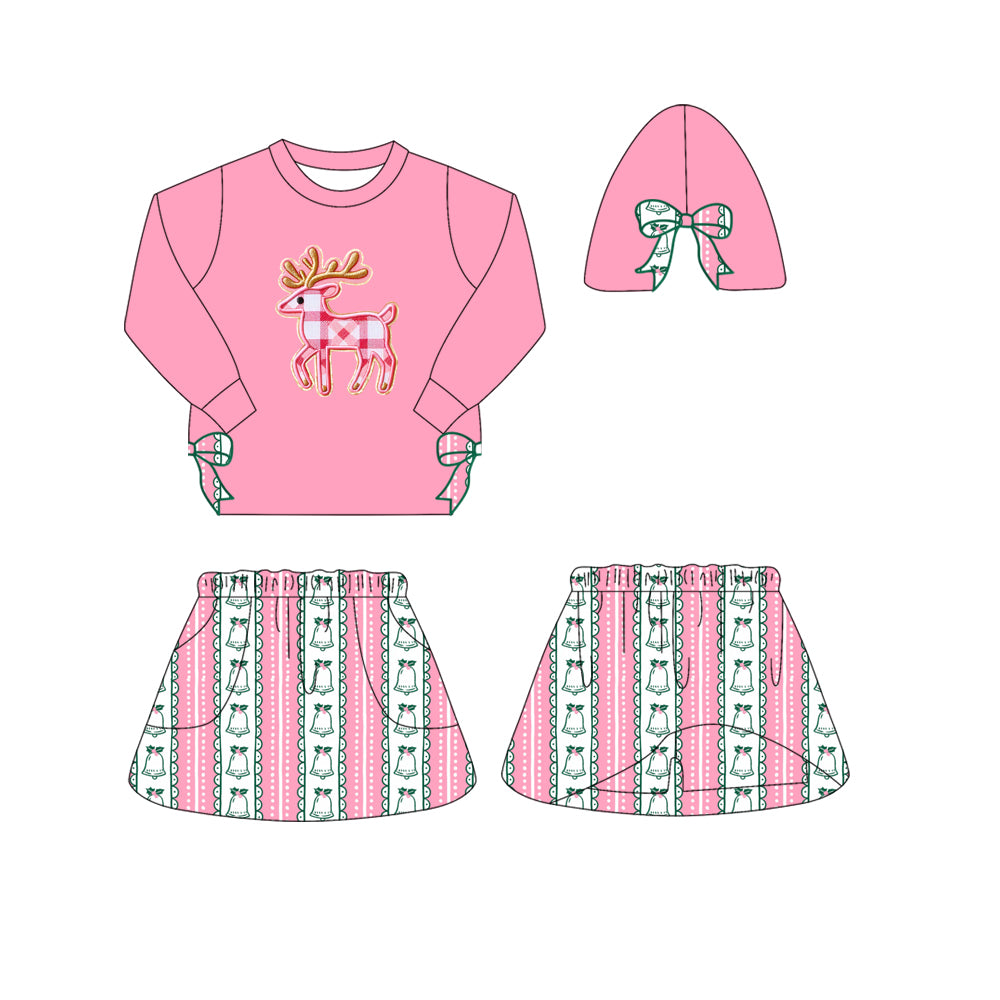 Preorder (moq 5)Baby Girls Pink Long Sleeves Bows Deer Top Flowers Stripes Skorts Clothes Set