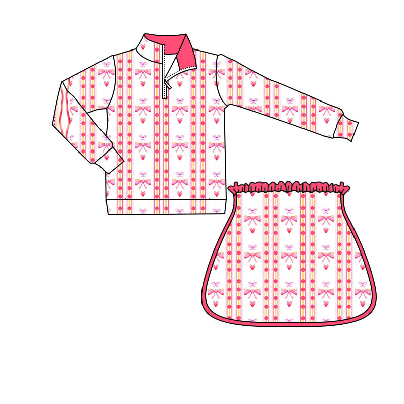Preorder(moq 5) Baby Girls Bows Hearts Stripe Zipper Pullovers Skirt Shorts Valentine Clothes Sets