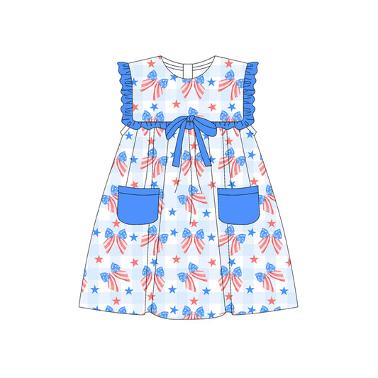 Preorder (moq 5)Baby Girls Blue Plaid Sleeveless Stars Bows Pockets 4th Of July Knee Length Dresses