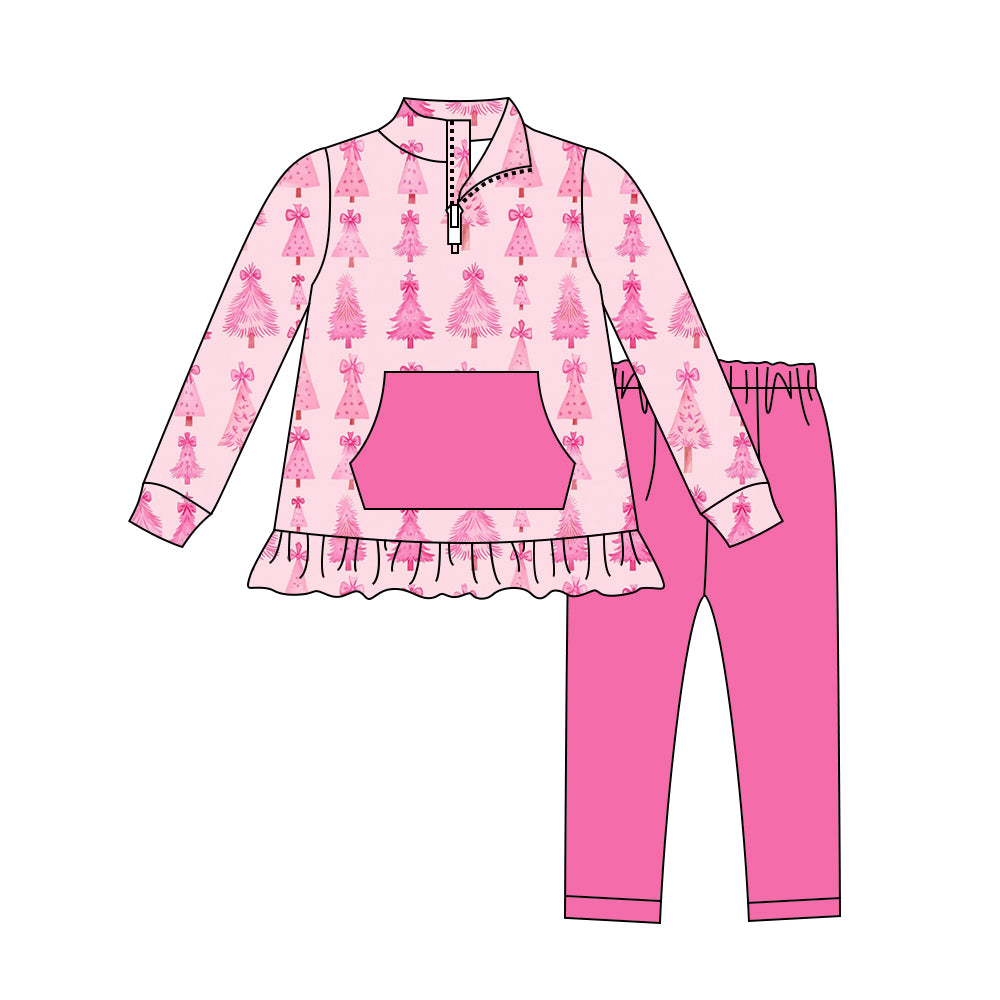 Preorder (moq 5)Baby Girls Long Sleeves Pink Bows Trees Pocket Zipper Top Legging Pants Set