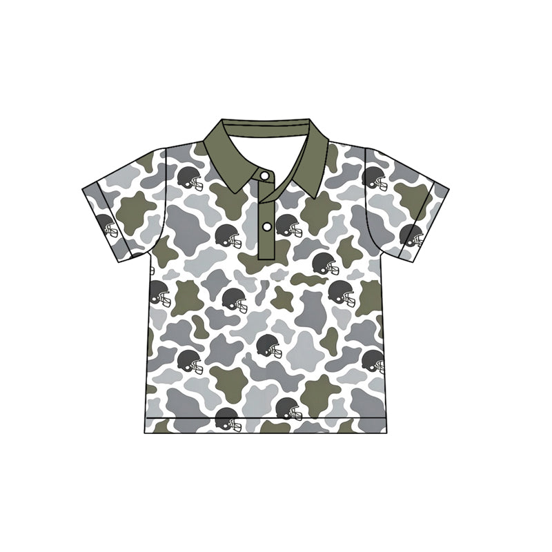 Preorder (moq 5) Baby Boy Clothes Olive Grey Camo Football Helmet Print Short Sleeve Polo Shirt