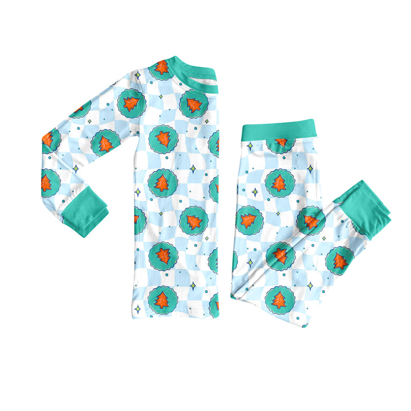 Preorder (moq 5)Baby Boys Long Sleeves Green Plaid Trees Top Pant Pajamas Set