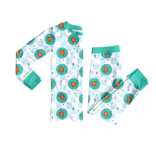 Preorder (moq 5)Baby Boys Long Sleeves Green Plaid Trees Top Pant Pajamas Set