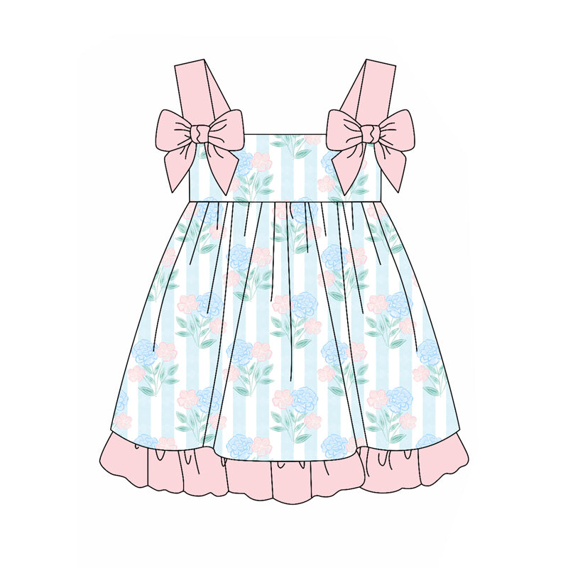 Preorder (moq 5)Baby Girls Blue Stripes Flowers Straps Knee Length Dresses