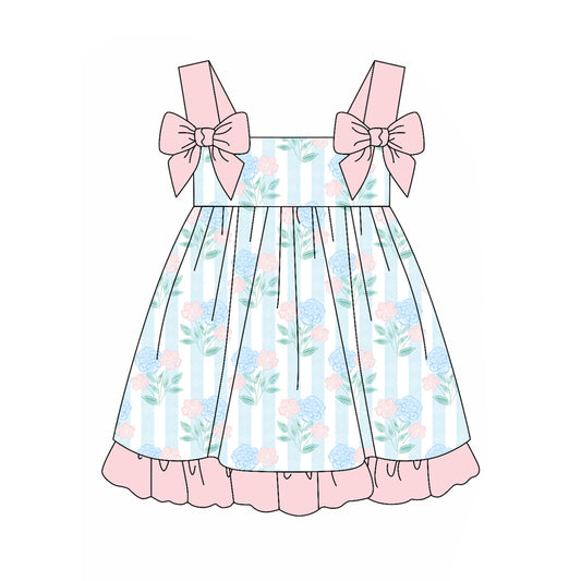 Preorder (moq 5)Baby Girls Blue Stripes Flowers Straps Knee Length Dresses