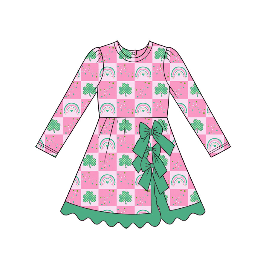 Preorder (moq 5) Baby Girl Clothes St Patricks Day Checker Clover Rainbow Print Long Sleeve Big Bow Ruffle Dress