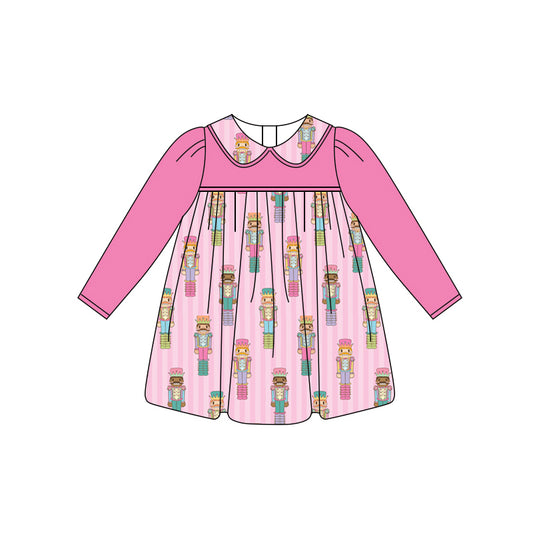 Preorder (moq 5)Baby Girls Hot Pink Long Sleeves Soldier Stripe Knee Length Dresses