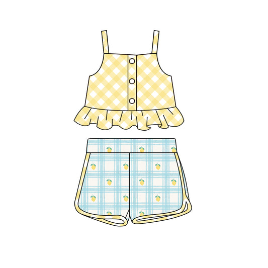 Preorder (moq 5)Baby Girls Checkered Straps Top Lemon Shorts Clothes Sets