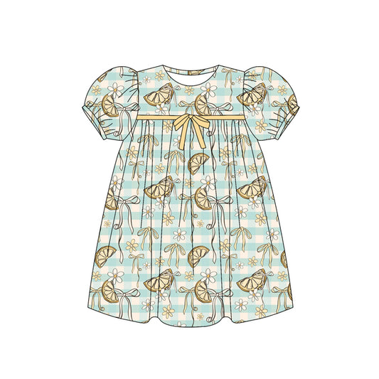 Preorder (moq 5)Baby Girls Short Ruffle Sleeves Stripe Lemons Flowers Knee Length Dresses