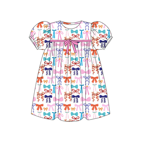 Preorder (moq 5)Baby Girls Short Ruffle Sleeves Colorful Bows Plaid Knee Length Dresses