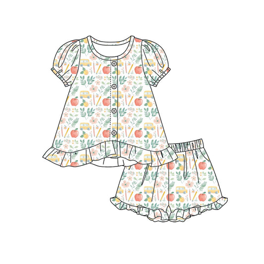 Preorder moq 5 Baby Girls Floral Pencils Button Tunic Ruffle Shorts Clothes Set