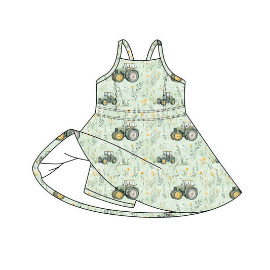 Preorder (moq 5)Baby Girls Strap Green Trucks Flowers Farm Shorts Knee Length Dresses