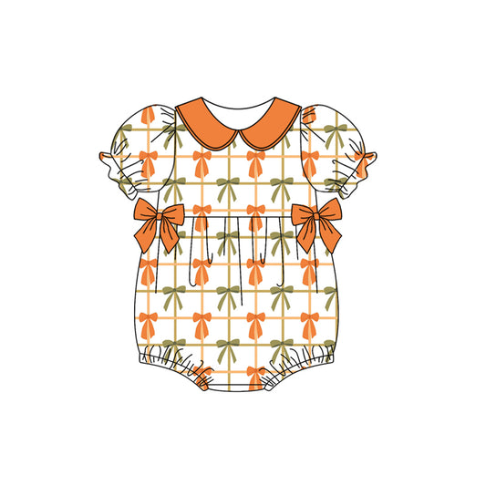 Preorder (moq 5)Baby Girls Orange Short Sleeves Colorful Bows Plaid Ruffle Rompers