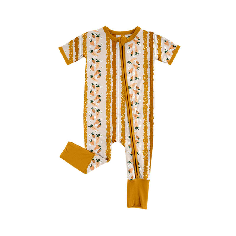 Preorder (moq 8)Baby Girls Yellow Stripe Carrots Easter Zipper Footie Rompers