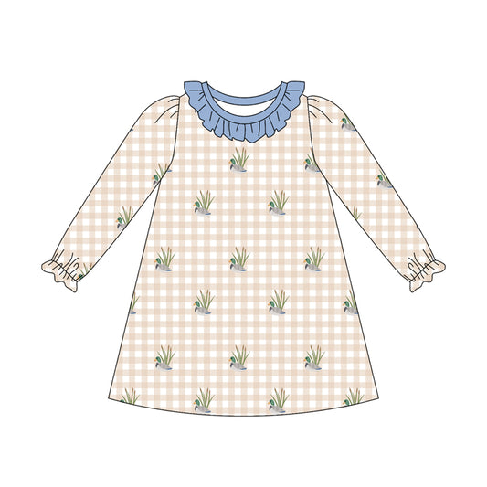 Preorder (moq 5)Baby Girls Long Ruffle Sleeve Ducks Checked Hunting Knee Length Dress
