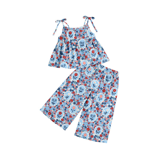 Preorder (moq 5)Baby Girls Strap Colorful Flowers Tunic Flare Pants Clothes Sets