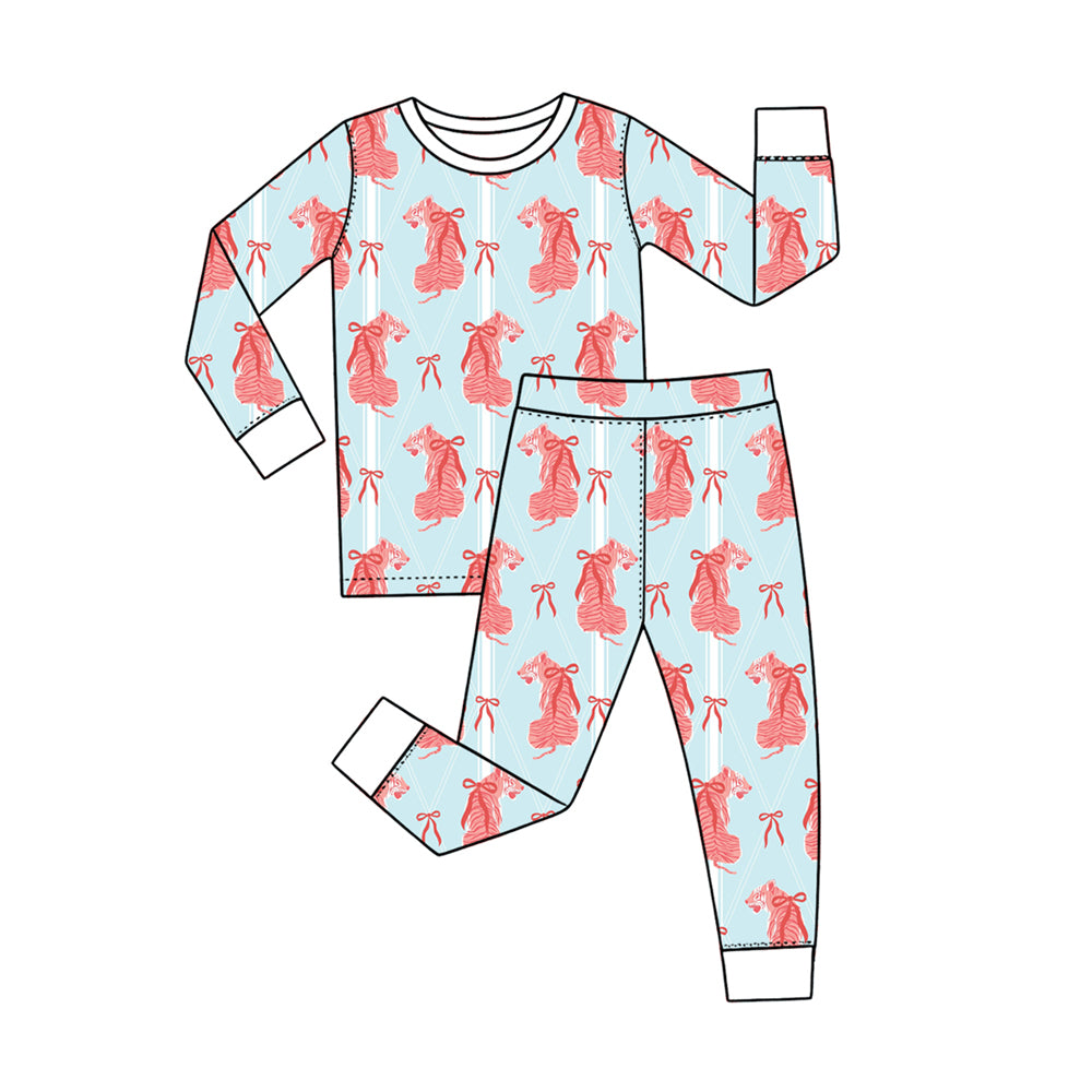 Preorder (moq 5) Baby Girl Clothes Pink Tiger Bow Argyle Print Long Sleeve Kids Pajama Set