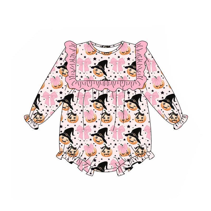 Preorder (moq 5)Baby Girls Pink Long Sleeves Bows Pumpkins Ruffle Rompers