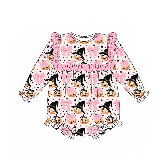 Preorder (moq 5)Baby Girls Pink Long Sleeves Bows Pumpkins Ruffle Rompers