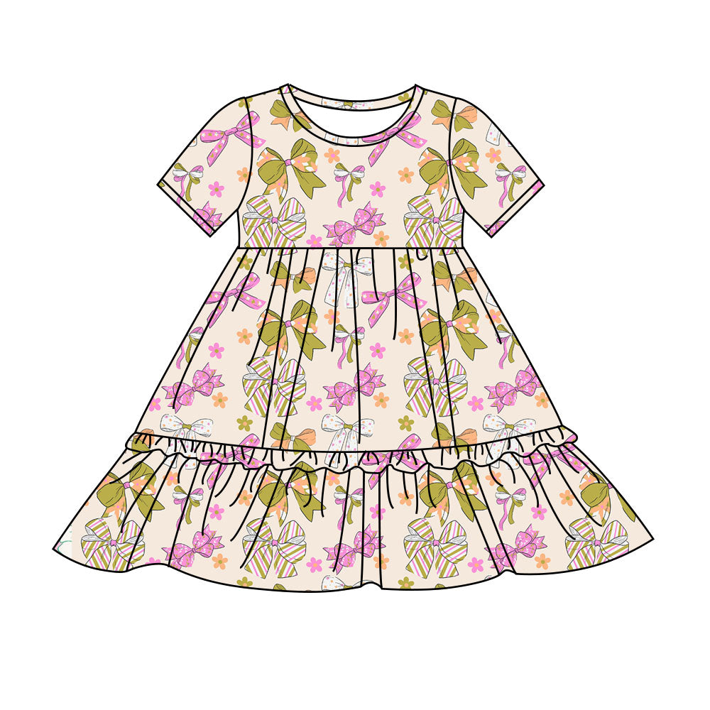 Preorder(moq 8)Baby Girls Pink Green Stars Bows Flowers Ruffle Knee Length Dresses