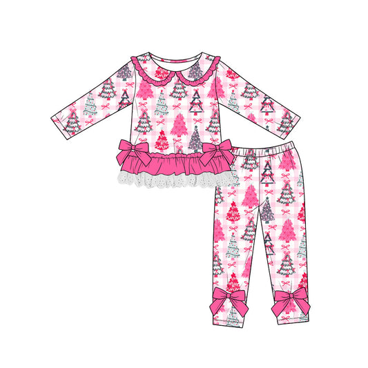 Preorder (moq 5)Baby Girls Bows Trees Checked Lace Ruffle Top Leggings Christmas Sets