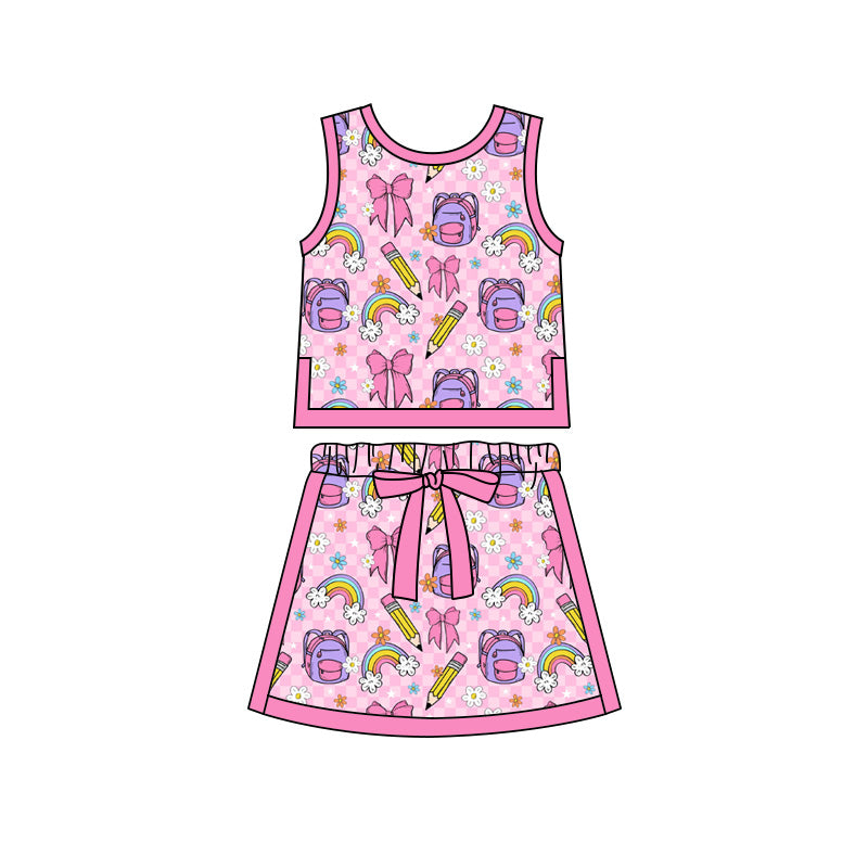 Preorder moq 5 Baby Girls Rainbows Pencils Vests Skirt Shorts Back to School Clothes Set