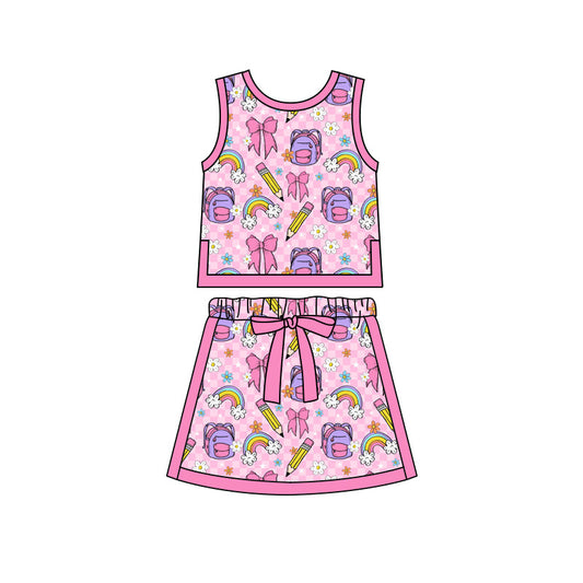 Preorder moq 5 Baby Girls Rainbows Pencils Vests Skirt Shorts Back to School Clothes Set