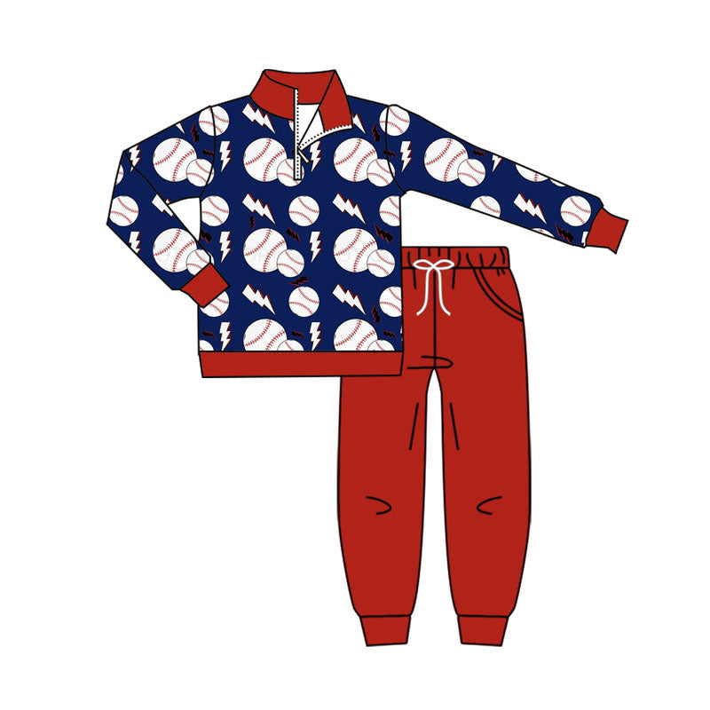 Preorder (moq 5)Baby Boys Baseballs Lights Zipper Pullover Pockets Jogger Team Clothes Set