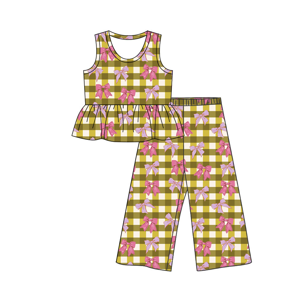 Preorder (moq 5)Baby Girls Green Checked Bows Tunic Flare Pant Clothes Sets