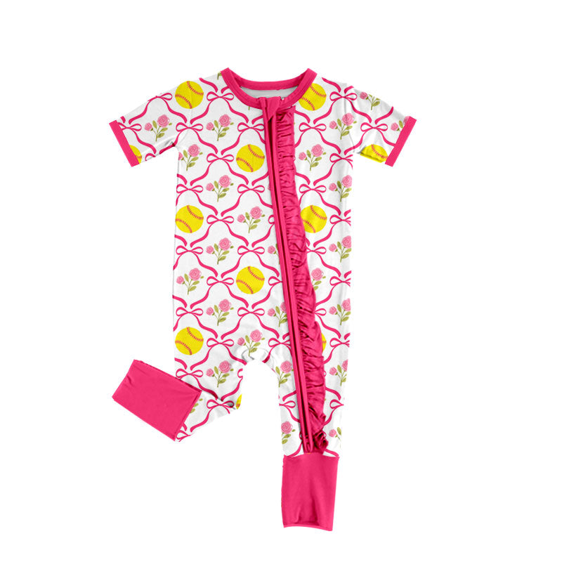 Preorder (moq 5) Baby Girl Clothes Softball Rose Bow Print Short Sleeve Ruffle Zip Romper Jumpsuit