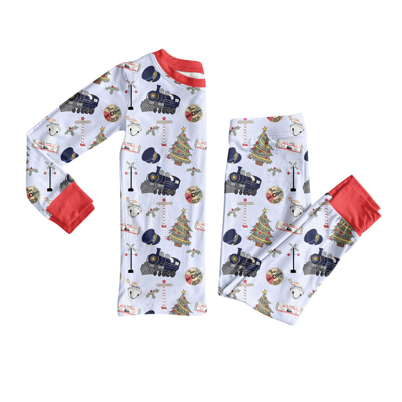 Preorder (moq 20)Baby Boys Bamboo Holly Trains Western Christmas Pajamas Sets