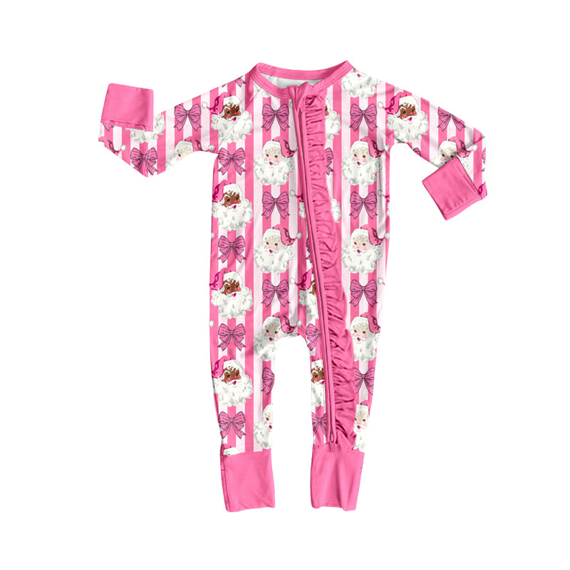 Preorder (moq 5)Baby Girls Santa Bows Stripe Christmas Two Way Ruffle Zip Convertible Rompers
