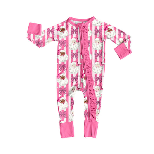 Preorder (moq 5)Baby Girls Santa Bows Stripe Christmas Two Way Ruffle Zip Convertible Rompers