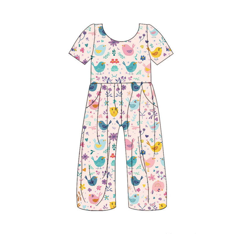 Preorder(moq 5) Baby Girls Colorful Birds Flowers Pockets Pants Jumpsuits
