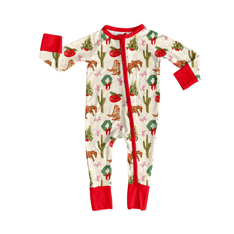 Preorder (moq 8)Baby Boys Long Sleeve Holly Trees Horses Hats Christmas Zipper Footie Rompers