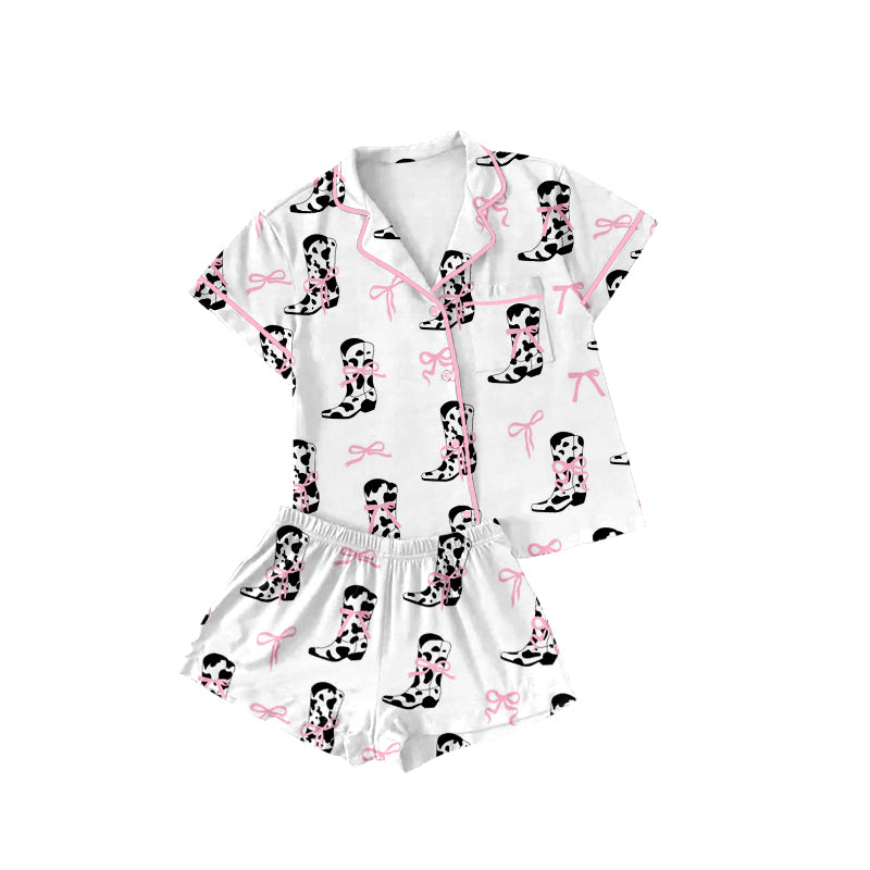 Preorder (moq 5)Baby Girls Pink Cow Print Boots Buttons Pocket Top Shorts Pajamas Sets