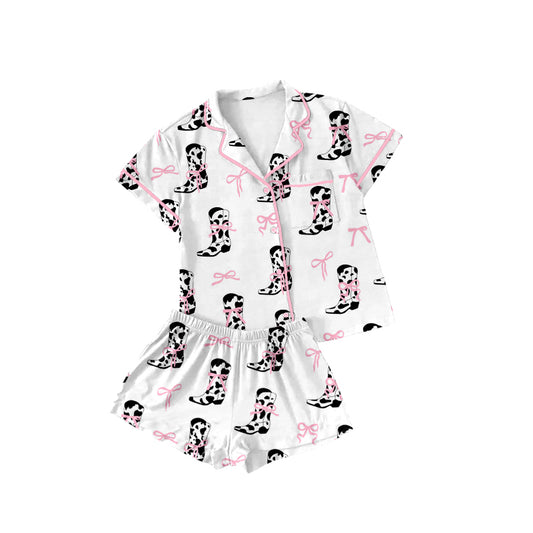 Preorder (moq 5)Baby Girls Pink Cow Print Boots Buttons Pocket Top Shorts Pajamas Sets