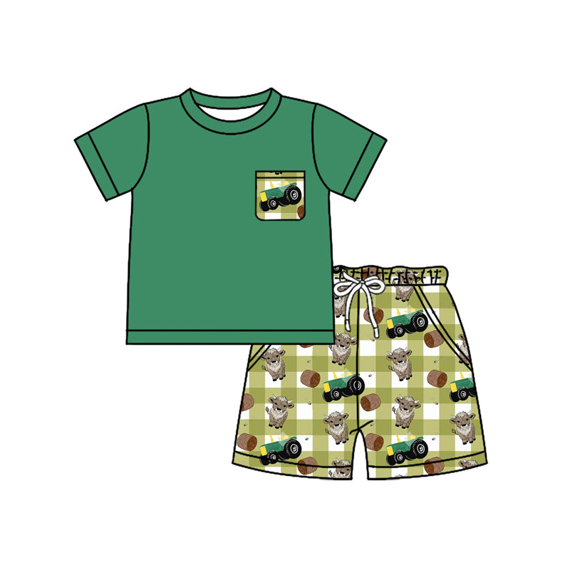 Preorder moq 5 Baby Boys Green Short Sleeves Pocket Top Trucks Cows Short Set