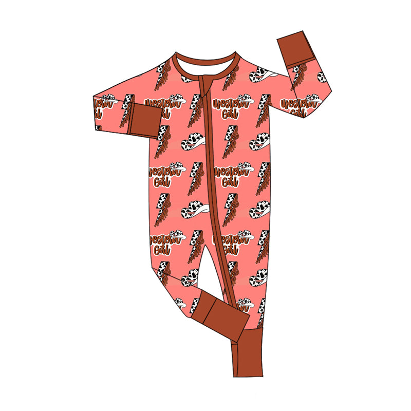 Preorder(moq 5)Baby Infant Boys Long Sleeves Western Girl Cow Print Lights Zipper Rompers