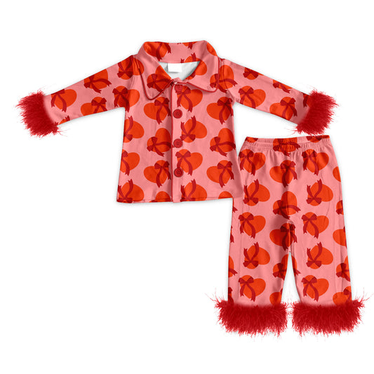 Preorder (moq 5)Baby Girls Red Bows Hearts Button Top Pants Valentines Fur Sleeve Pajamas Sets