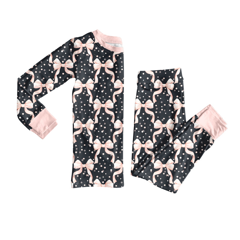 Preorder(moq 5) Baby Girls Black Pink Bows Top Pants Lounge Wear Pajamas Sets