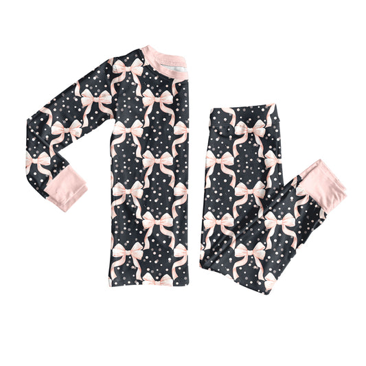 Preorder(moq 5) Baby Girls Black Pink Bows Top Pants Lounge Wear Pajamas Sets