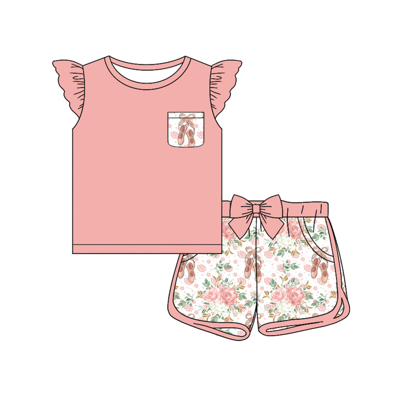 Preorder (moq 5)Baby Girls Ballet Shoes Flowers Bows Tee Top Shorts Clothes Sets