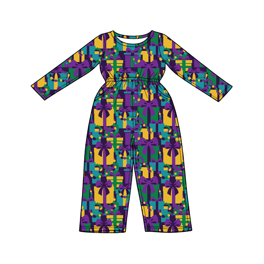 Preorder (moq 5) Baby Girl Mardi Gras Gift Box Bow Print Long Sleeve Jumpsuit